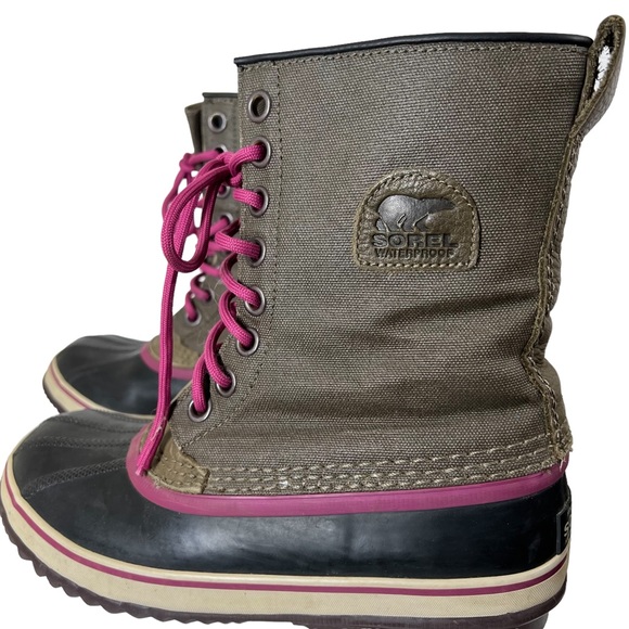 SOREL BOOTS Premium waterproof Winter Snow Olive Fuchsia purple size 8.5 EUC - Picture 1 of 11